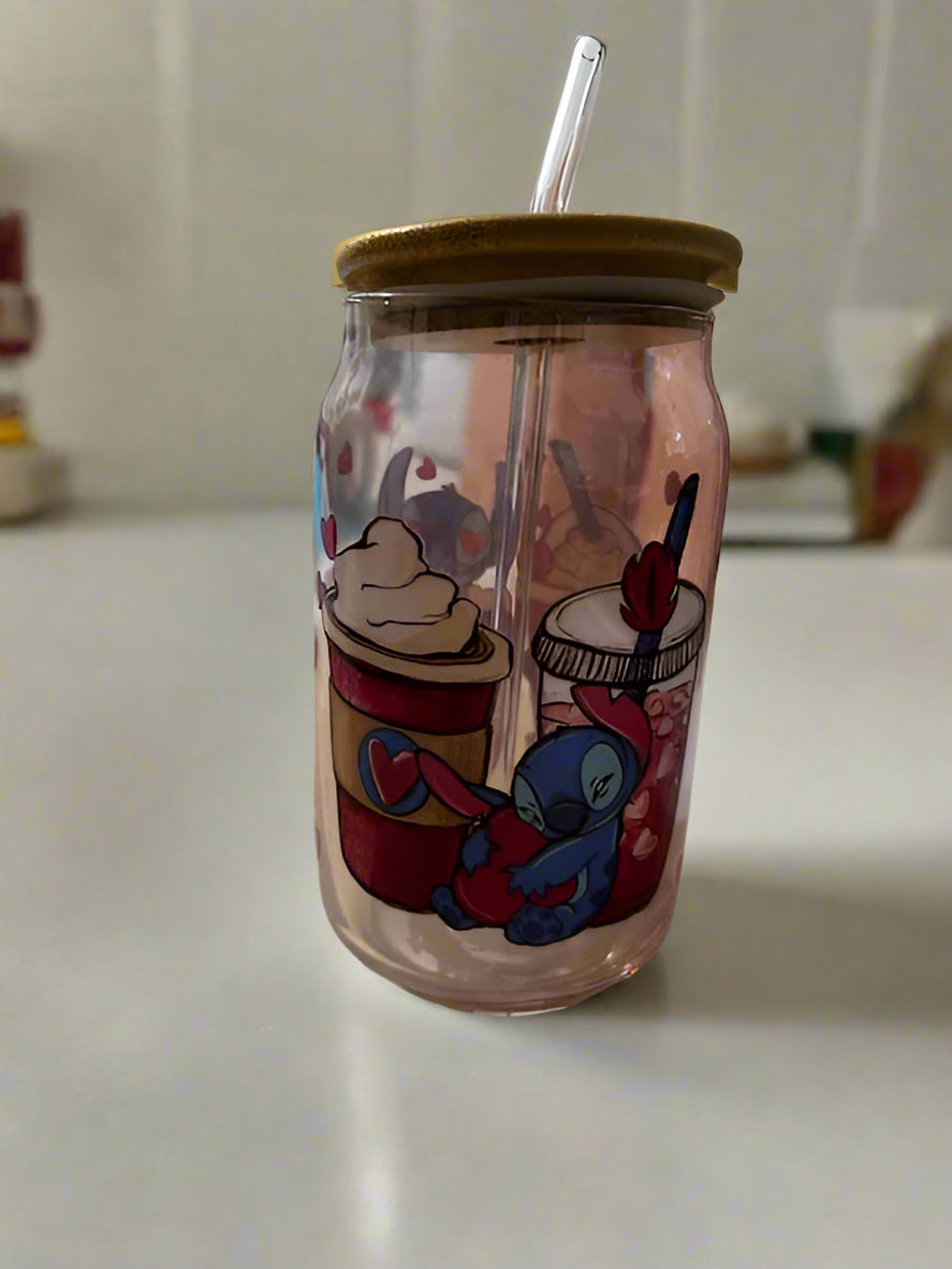 Stitch and Hearts GlassCan Cup